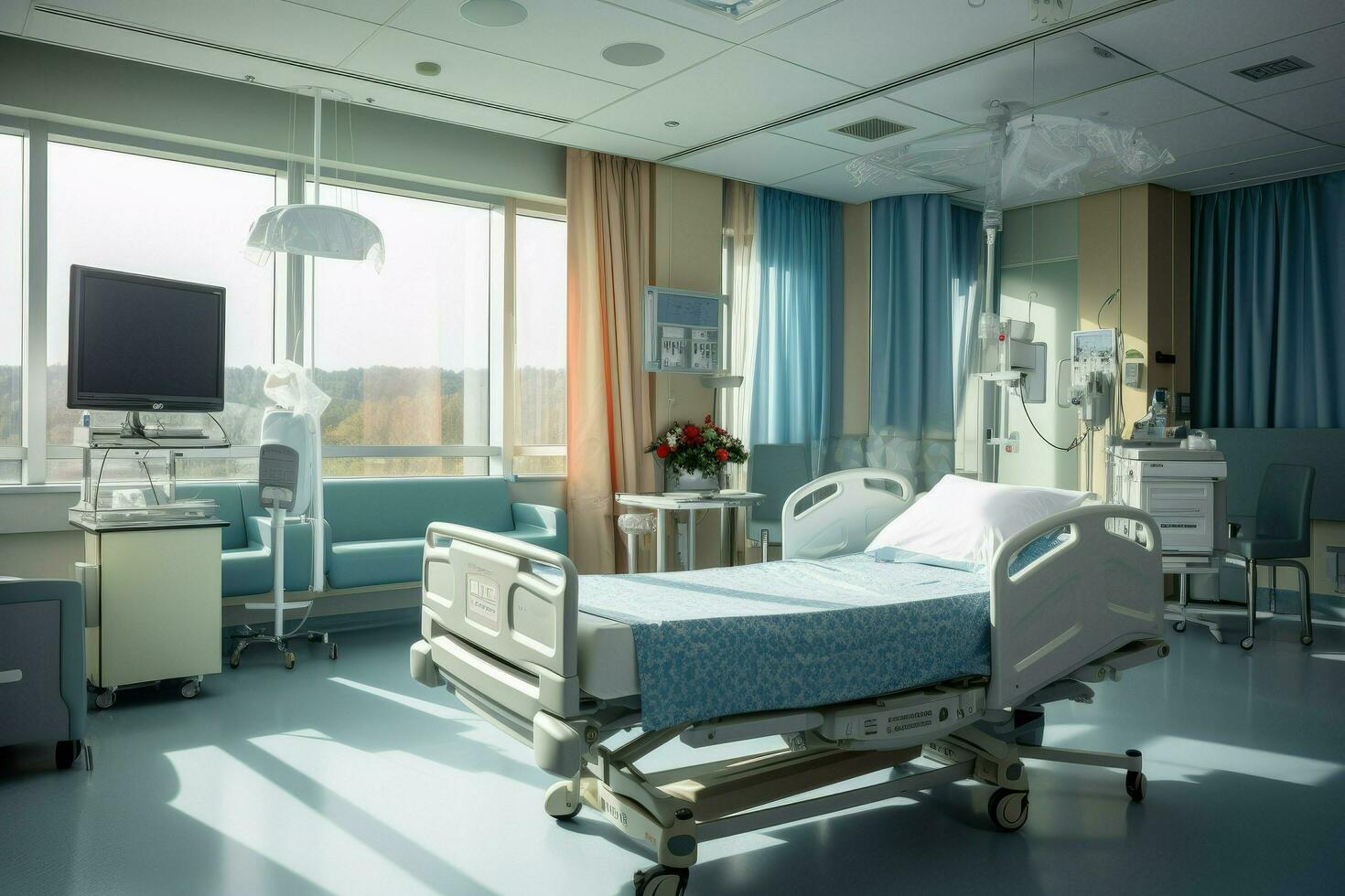 AI generated Hospital room with a bed, Comfortable medical Interior of an empty hospital room and Recovery Room with beds Ai generated photo