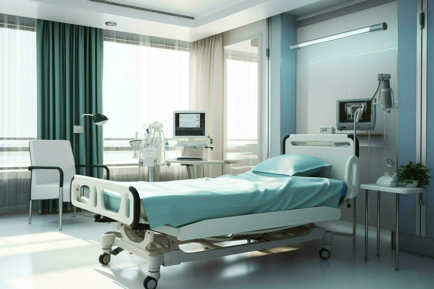 AI generated Hospital room with a bed, Comfortable medical Interior of an empty hospital room and Recovery Room with beds Ai generated photo