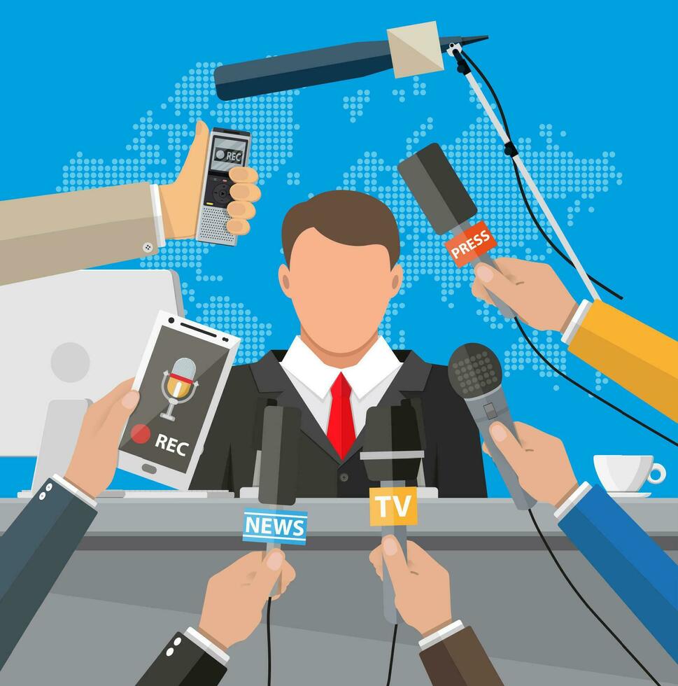 Rostrum, tribune and hands of journalists with microphones and digital voice recorders. Press conference concept, news, media, journalism. Vector illustration in flat style