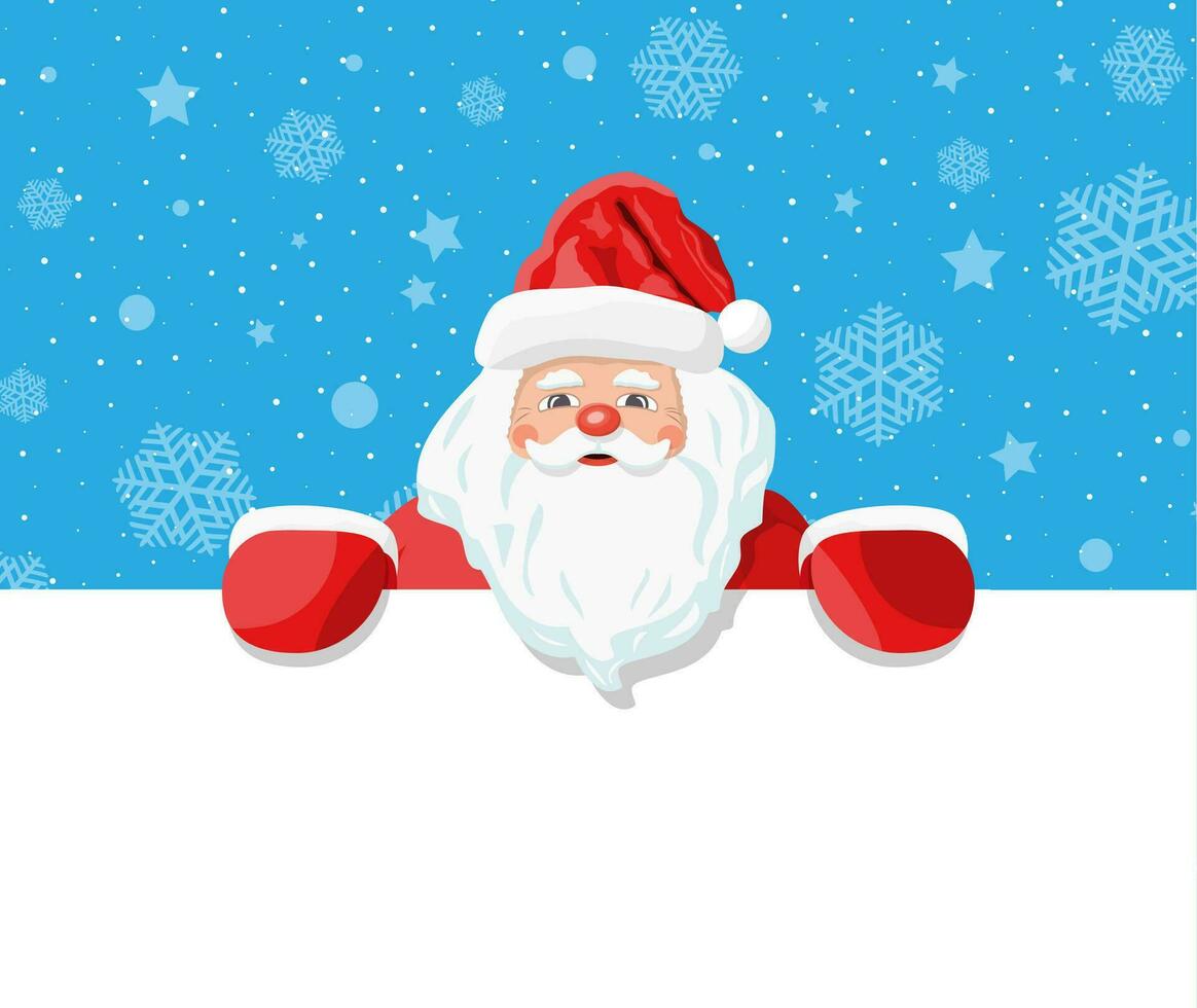 Funny santa claus character greeting. Santa head and place for text. Happy new year decoration. Merry christmas holiday. New year and xmas celebration. Vector illustration in flat style