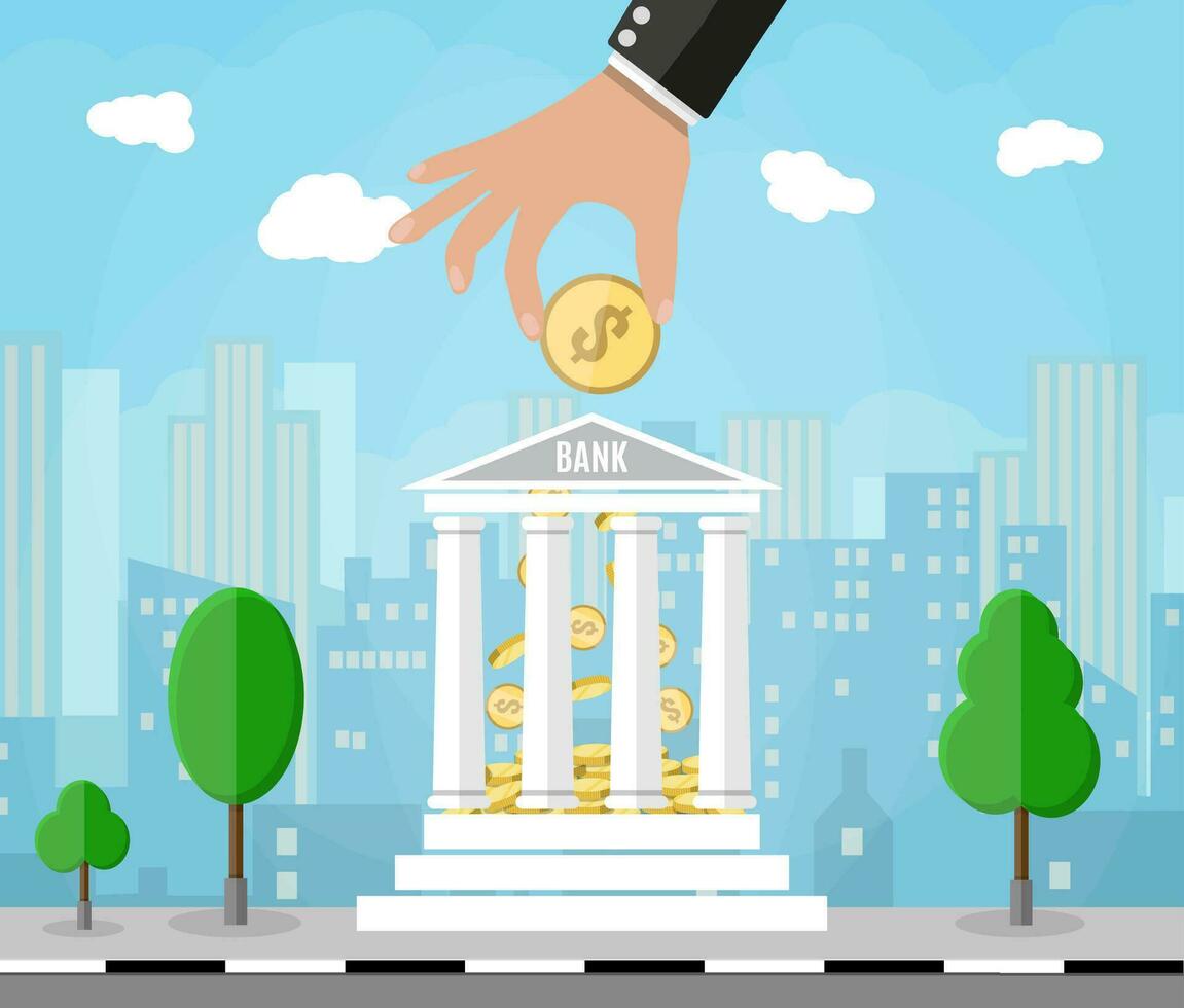 Hand putting golden coin into bank building. Depositing money in bank account. vector illustration in flat style. cityscape background