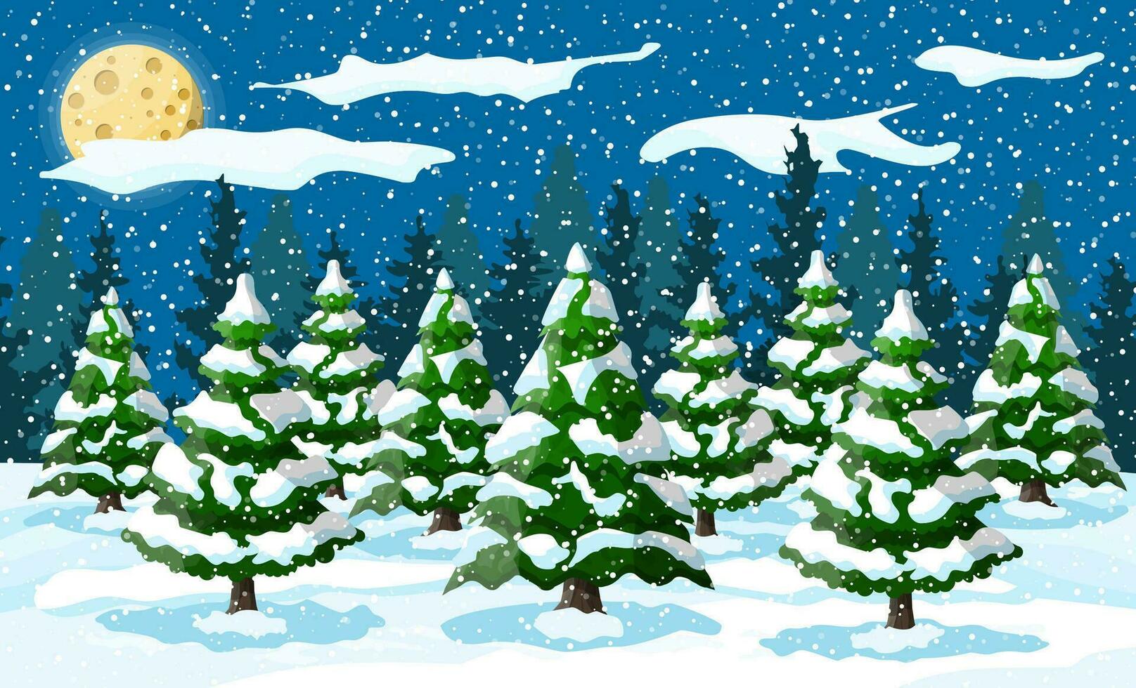 Winter landscape with white pine trees on snow hill in night. Christmas landscape with fir trees forest and snowing. Happy new year celebration. New year xmas holiday. Vector illustration flat style