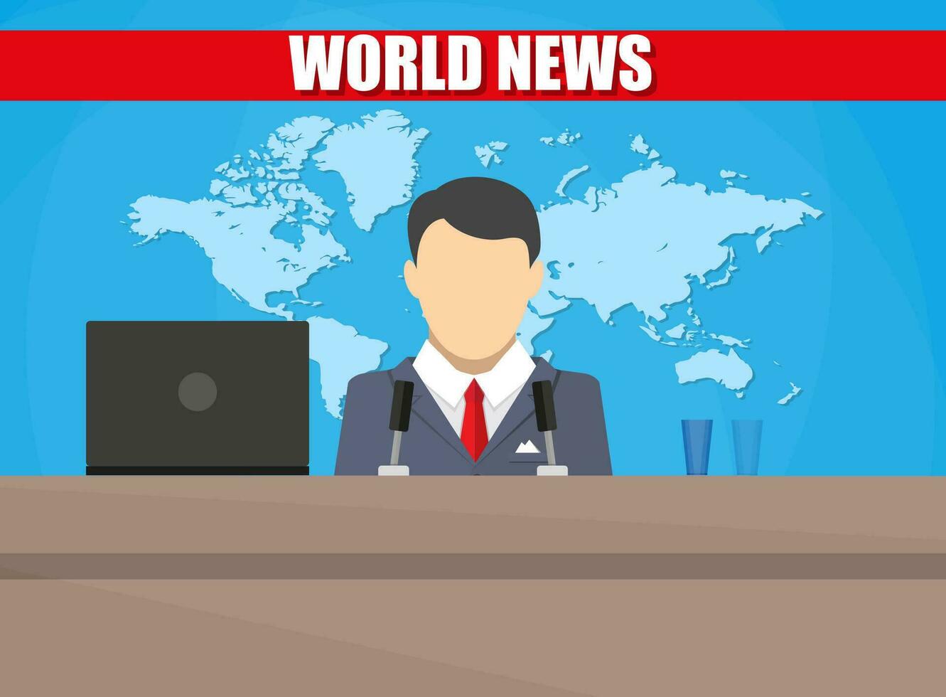Silhouette of a man with microphone, laptop, glass and world map. News announcer in the studio. breaking news. Vector illustration. vector illustration in flat style