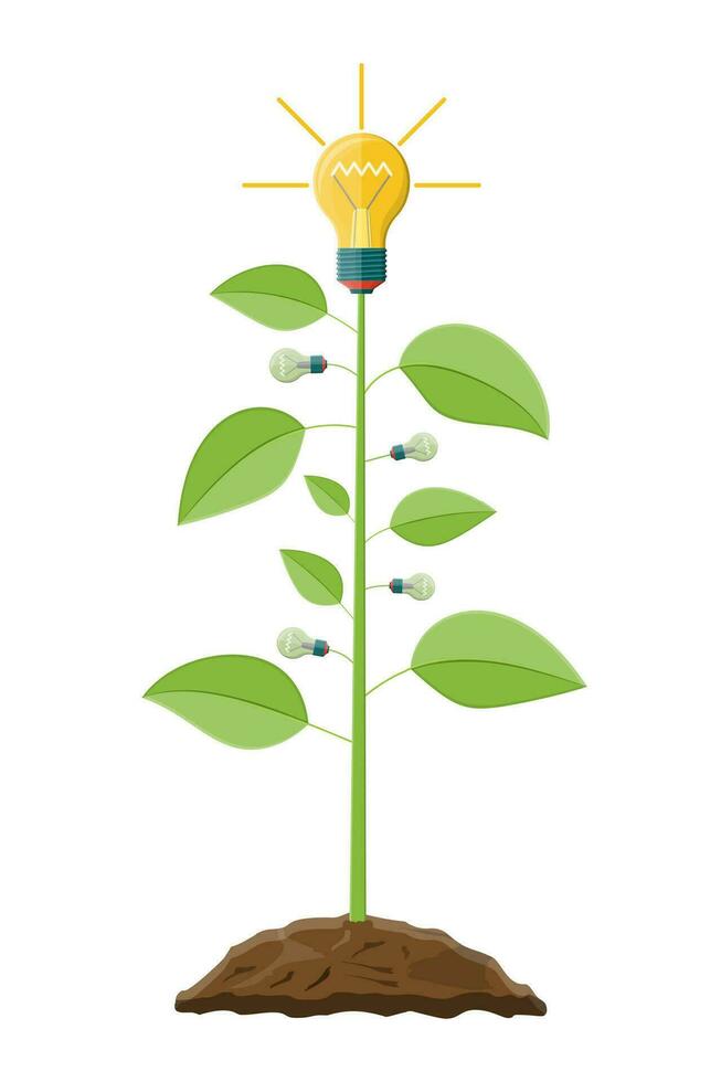 Glowing light bulb hanging on tree with green leaves. Idea tree. Concept of creative idea or inspiration. Glass bulb with spiral. Vector illustration in flat style
