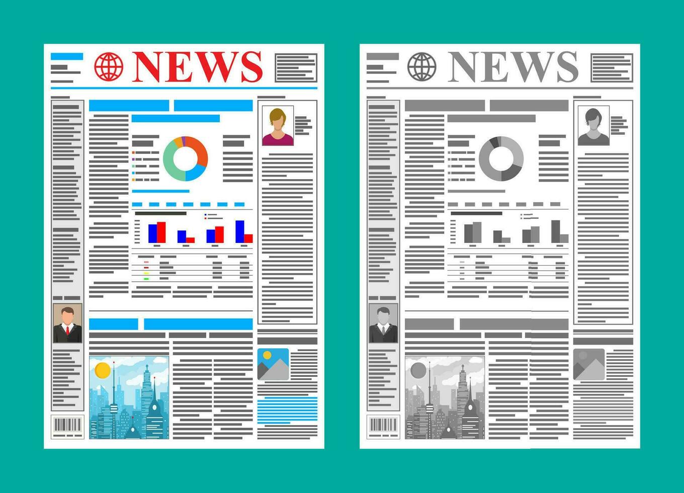 Daily newspaper in color and black and white. News journal design. Pages with various headlines, images, quotes, text and articles. Media, journalism and press. Vector illustration in flat style.