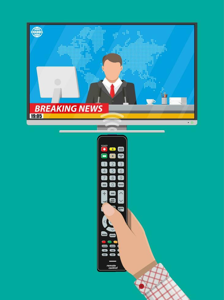 Modern flat screen tv with news, desktop pc, coffee, world map. News announcer in the studio. Journalism, live report, breaking hot news, television and radio casts. Vector illustration in flat style