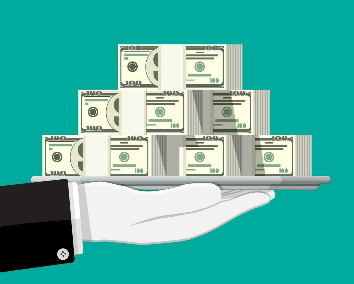 Stack of dollar banknotes on tray in hand. Concept of savings, donation, paying. Symbol of wealth. Vector illustration in flat style