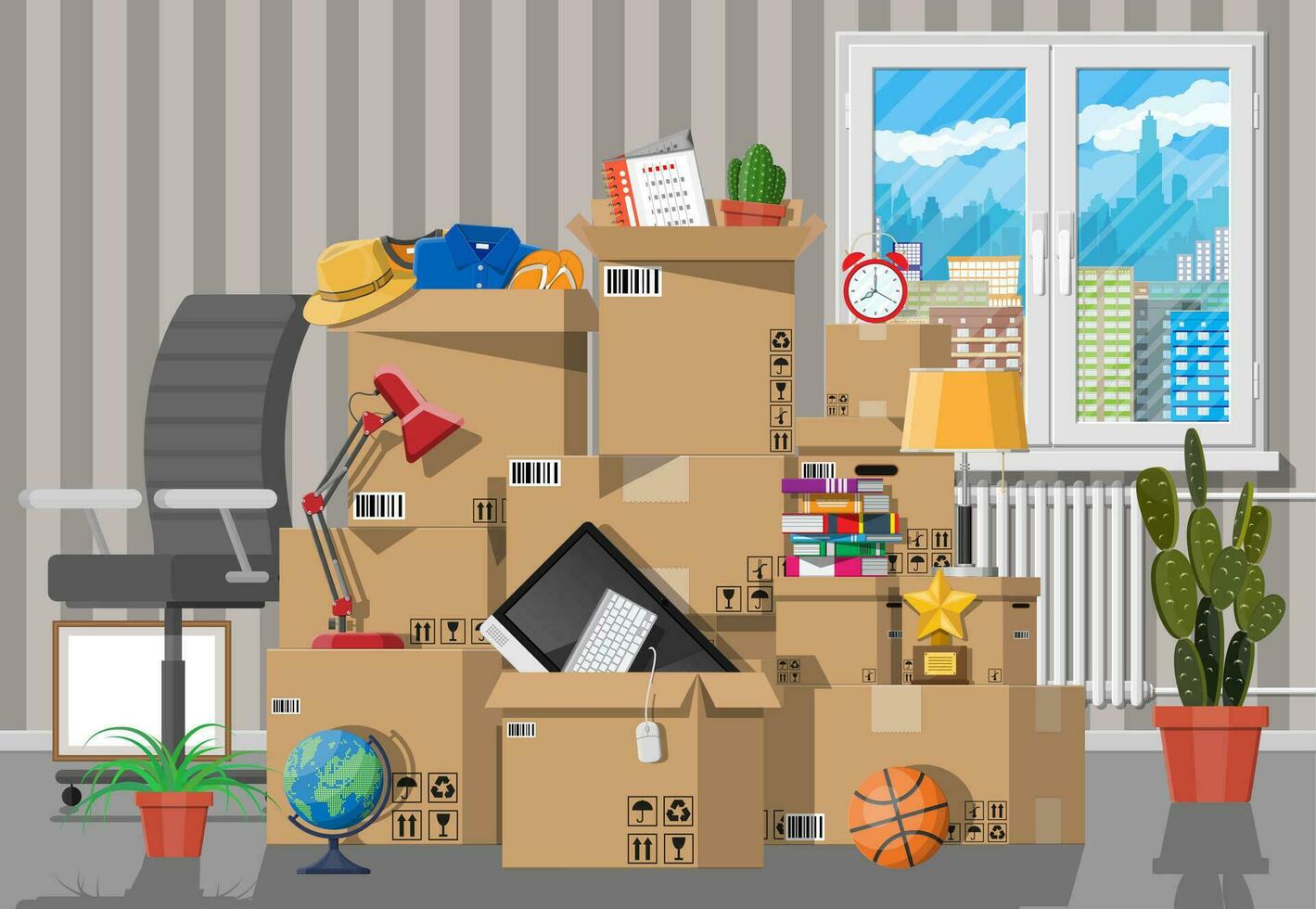 Moving to new house. Family relocated to new home. Paper cardboard boxes with various household thing. Package for transportation. Computer, lamp, clothes, books. Vector illustration in flat style