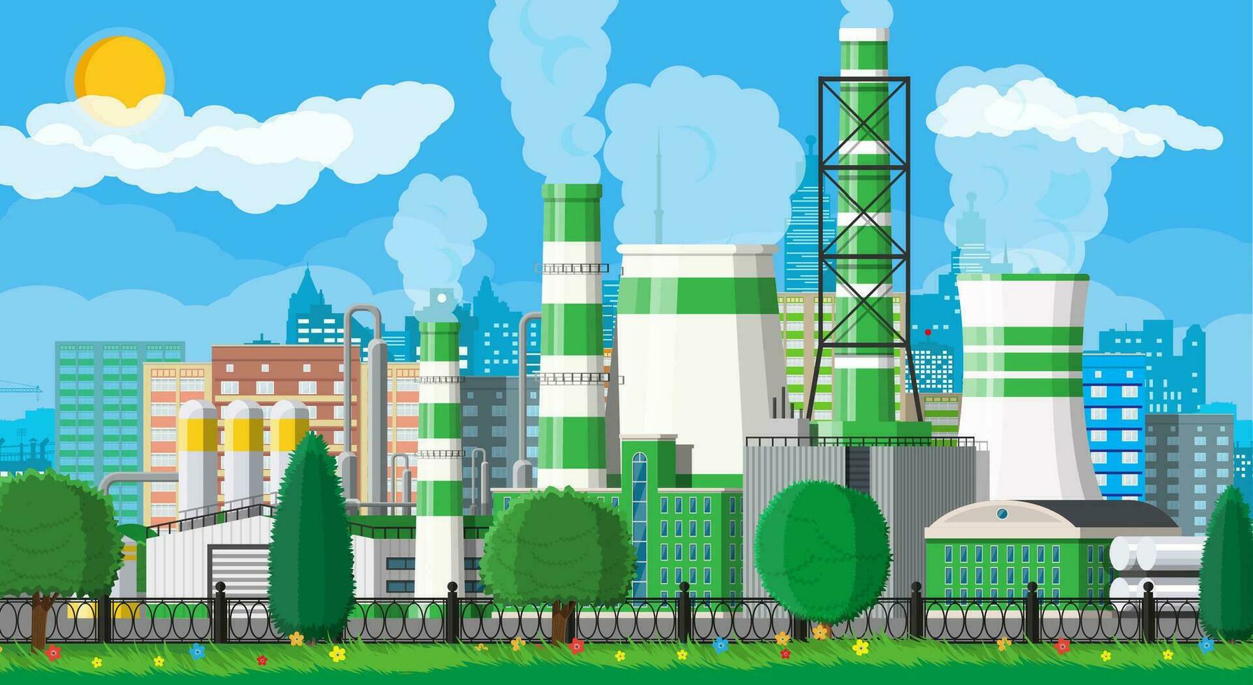 Factory building. Industrial factory, power plant. Pipes, buildings, warehouse, storage tank. Green eco plant. Urban cityscape skyline. Trees clouds and sun. Vector illustration in flat style