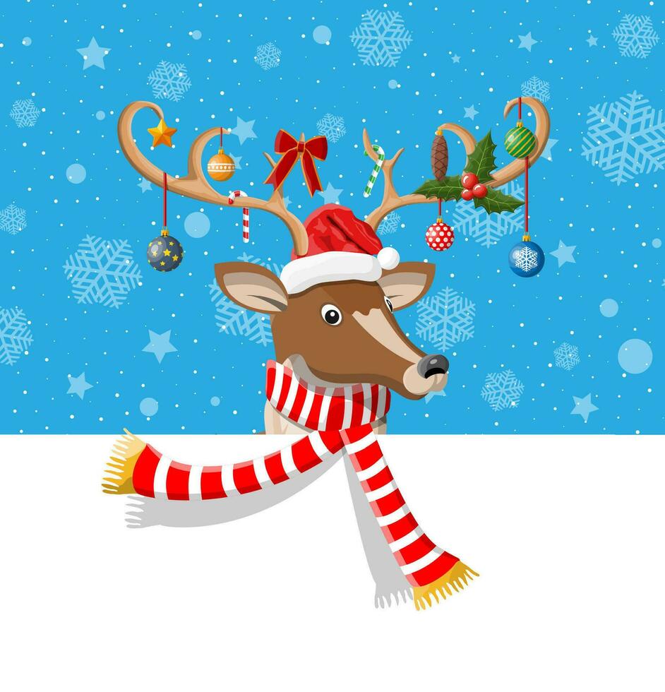 Cute deer with antlers, scarf, holly, bow, baubles. Place for text. Happy new year decoration. Merry christmas holiday. New year and xmas celebration. Vector illustration in flat style