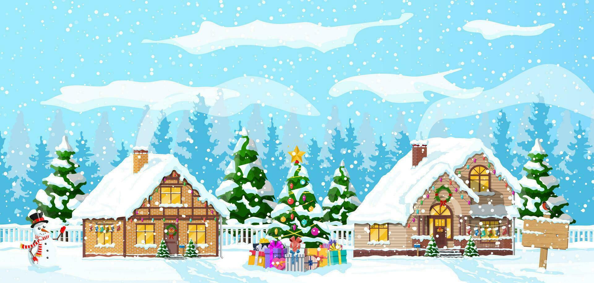 Suburban houses covered snow. Building in holiday ornament. Christmas landscape tree spruce, snowman. Happy new year decoration. Merry christmas holiday. New year xmas celebration. Vector illustration