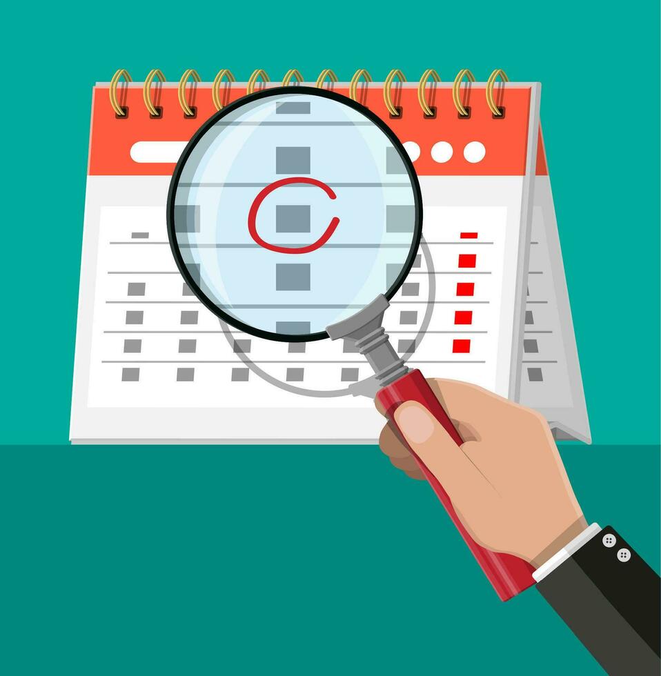 Paper spiral wall calendar and magnifying glass. Calendar flat icon. Schedule, appointment, organizer, timesheet, important date. Vector illustration in flat style