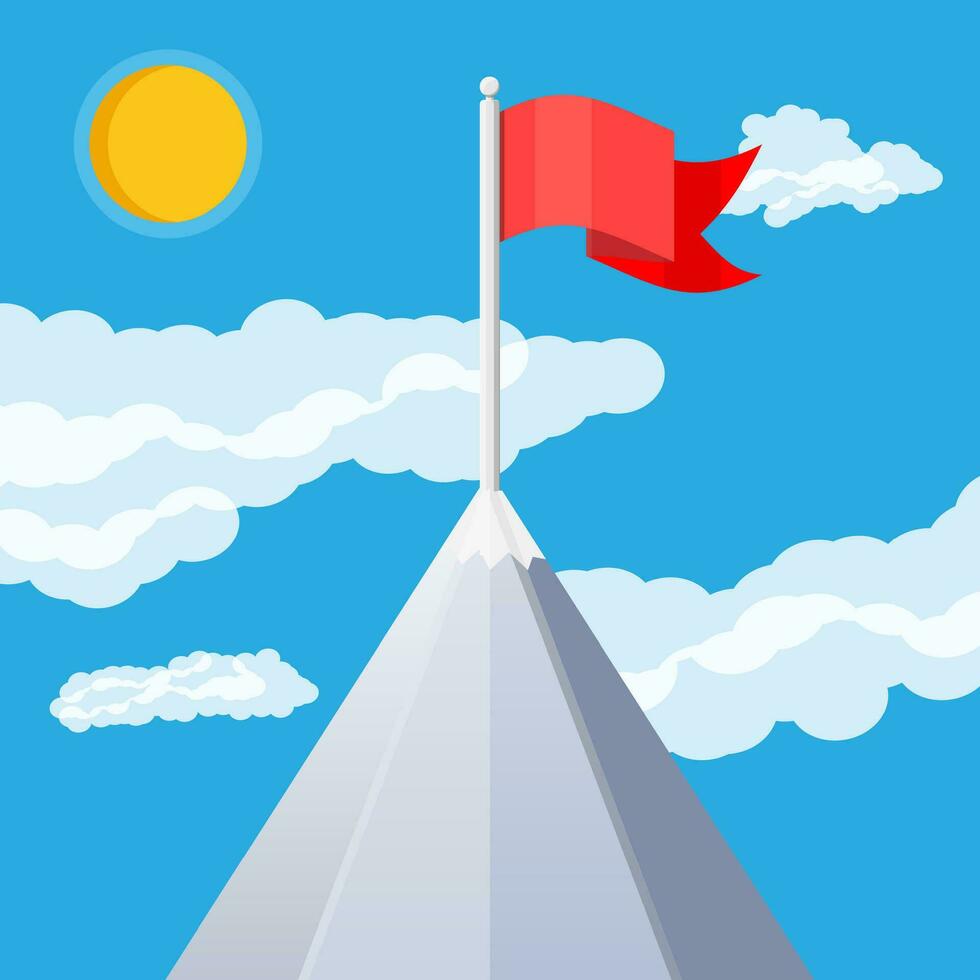 Flag on peak of mountain. Business success, target, triumph, goal or achievement. Winning of competition. Rocky mountains, sky with clouds and sun. Vector illustration in flat style.