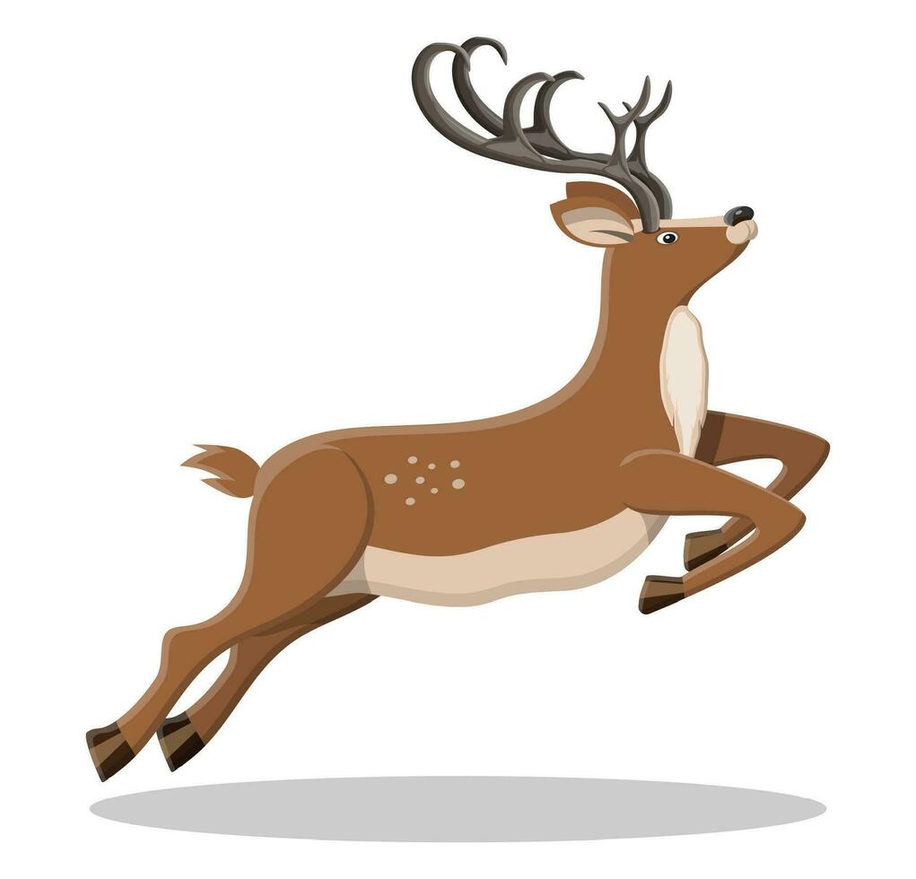 Cute jumping deer with antlers. Happy new year decoration. Merry christmas holiday. New year and xmas celebration. Vector illustration in flat style