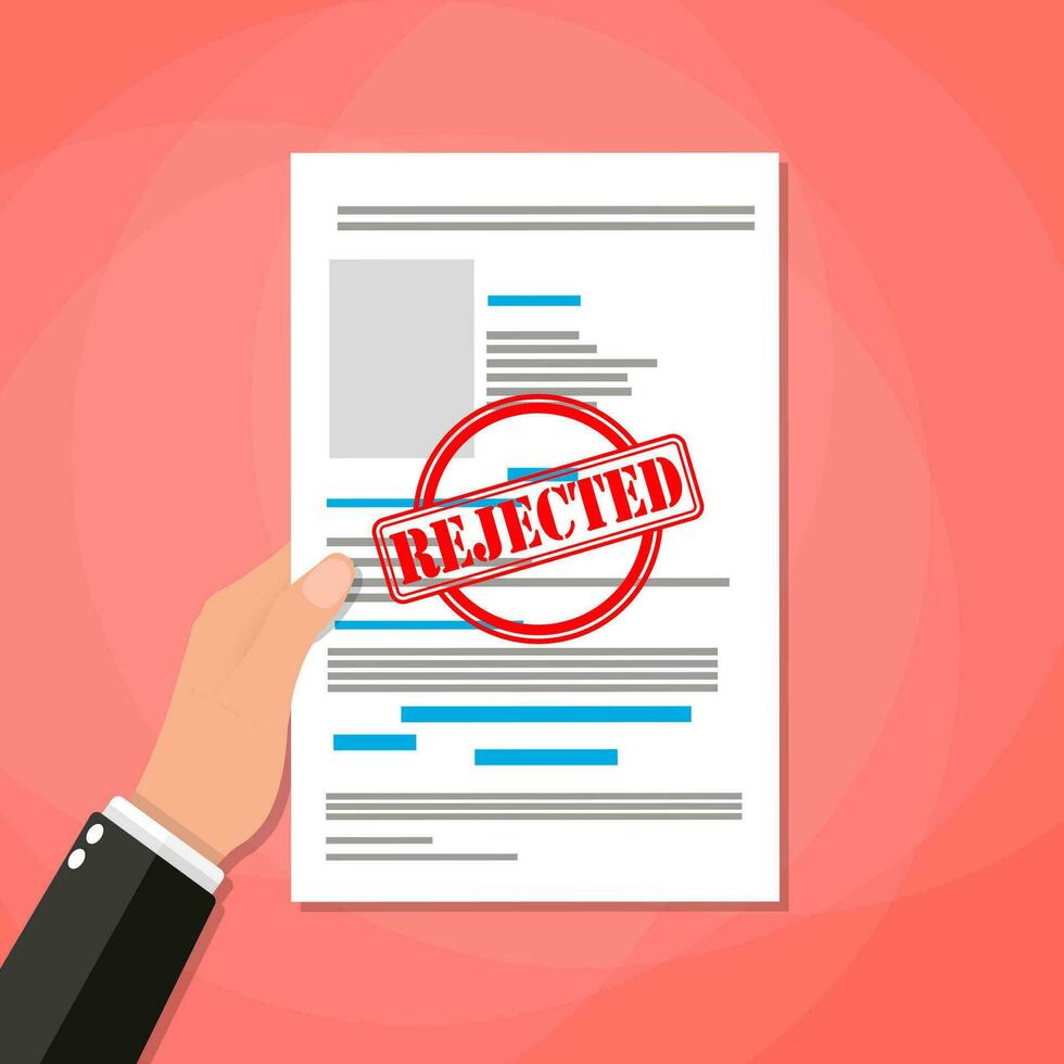 Hand holds rejected paper document, red rejected stamp. Vector flat illustration in flat style on red background