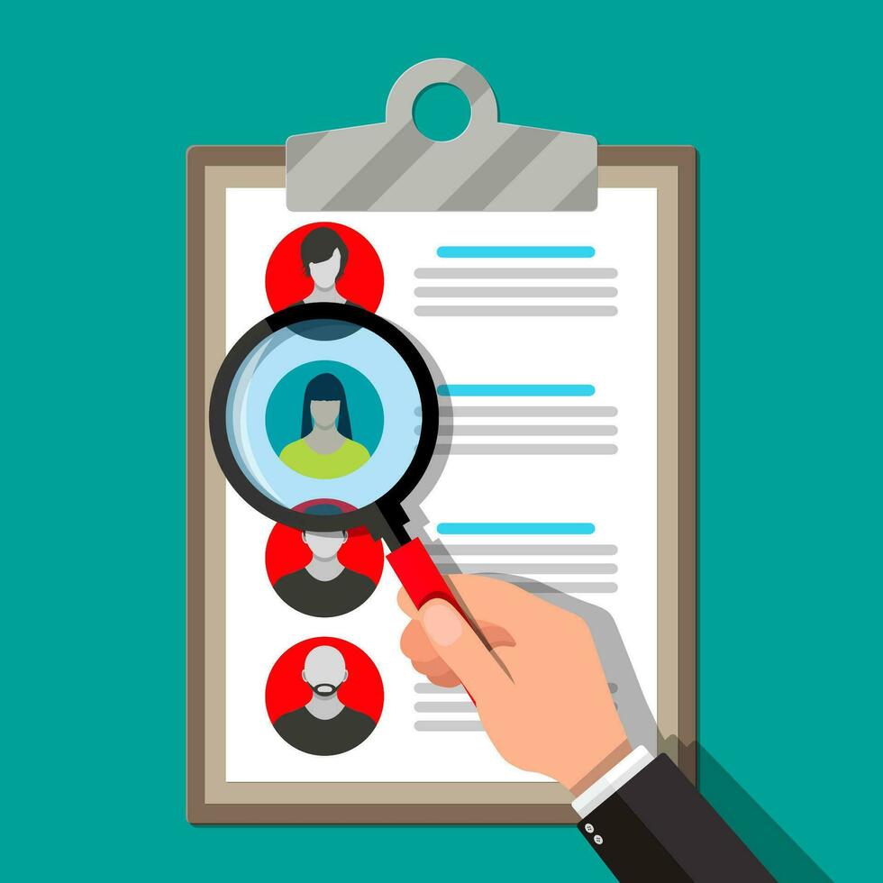 Human resources management concept, searching professional staff, work. Found right resume. Clipboard and hand with magnifying glass. Vector illustration in flat style