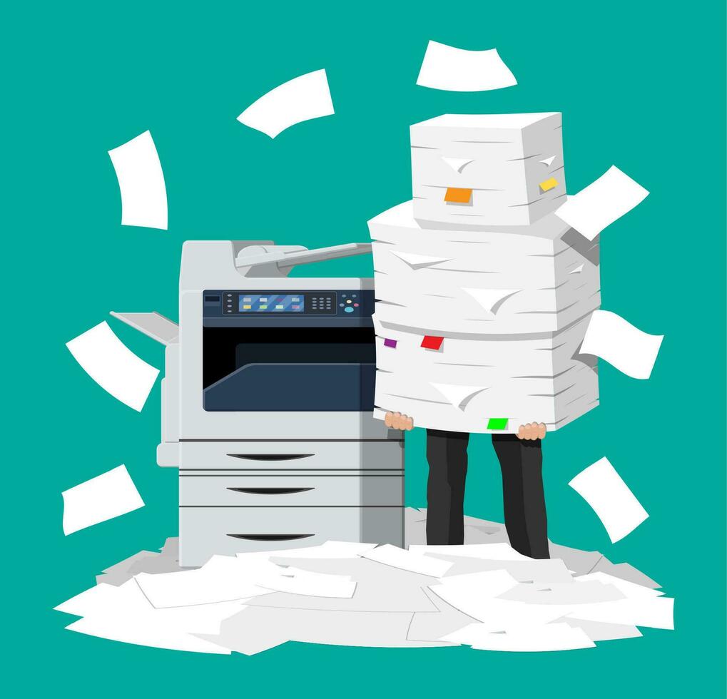 Businessman in pile of papers. Office multifunction machine. Bureaucracy, paperwork, overwork, office. Printer copy scanner device. Proffesional printing station. Vector illustration flat style