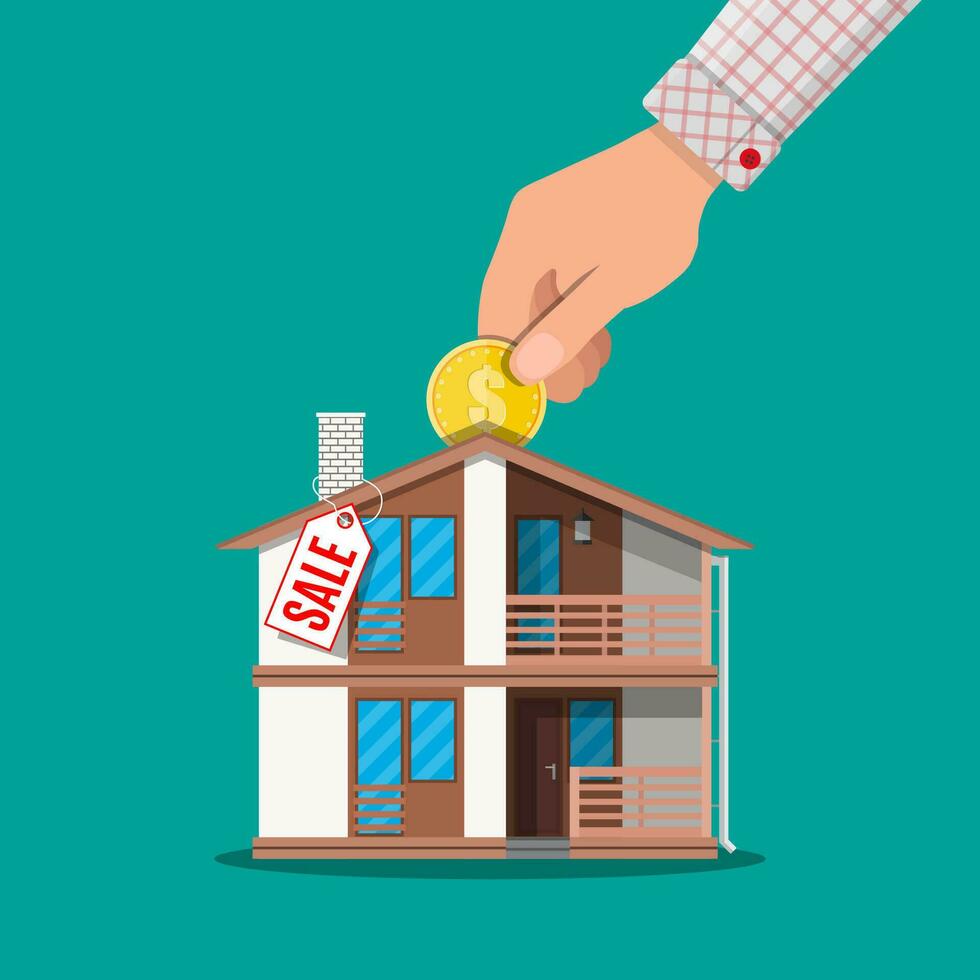 Hand put coin in piggy bank house with price tag. Real estate investment. Vector illustration in flat style