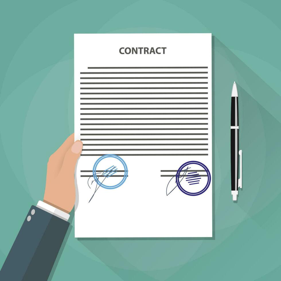 cartoon businessman hand holds contract documents with signs and stamps. Treaty signing concept. contract agreement, papers and pen. vector illustration in flat design on green background