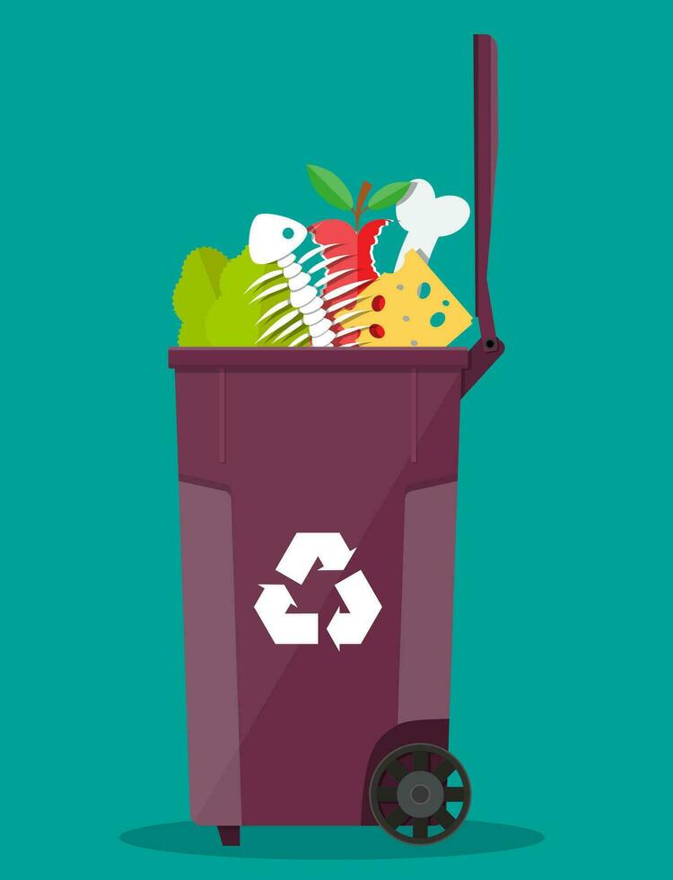 food waste garbage bin container full of junk food. salad, fishbone, bone, apple, cheese. vector illustration in flat style