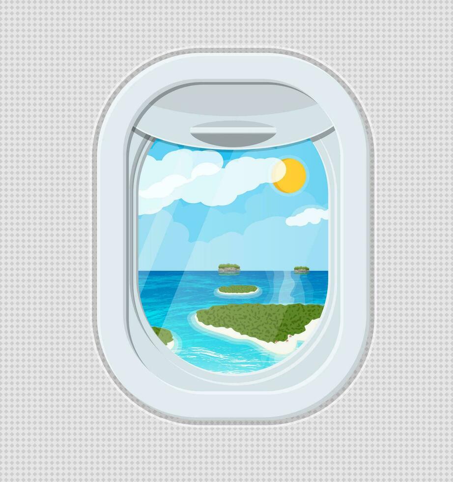 Window from inside the airplane. Aircraft porthole shutter. Tropical island with palm tree in ocean. Air journey or vacation concept. Vector illustration in flat style