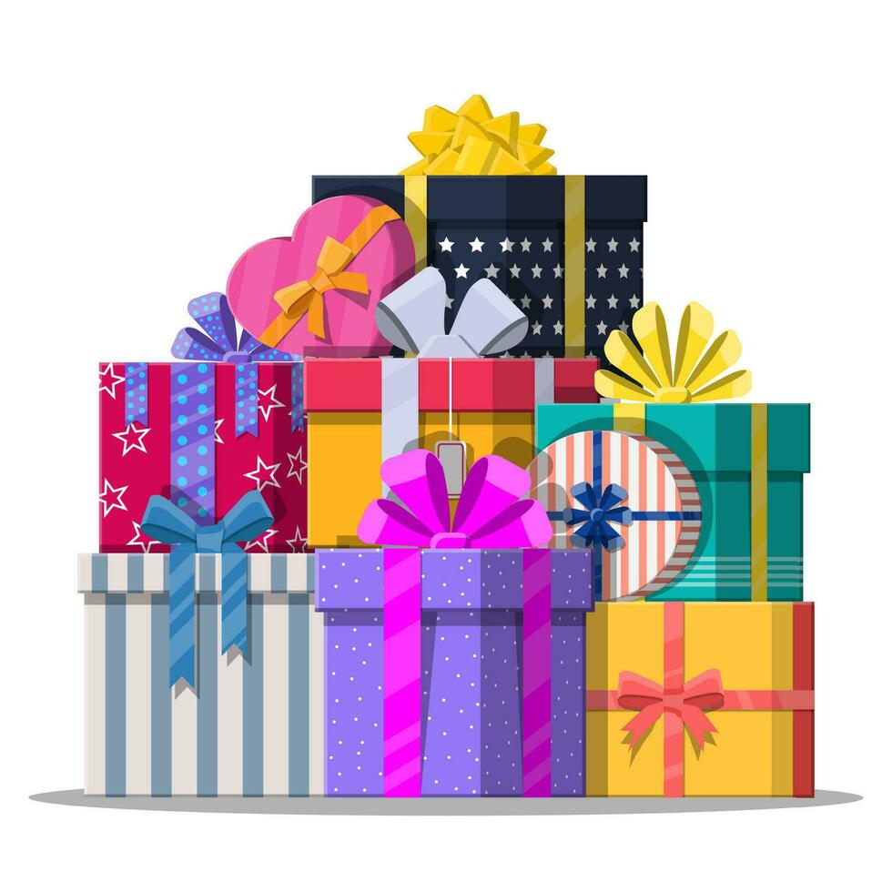 Pile of gift boxes isolated on white. Colorful wrapped. Sale, shopping. Present boxes different sizes with bows and ribbons. Collection for birthday and holiday. Vector illustration in flat style