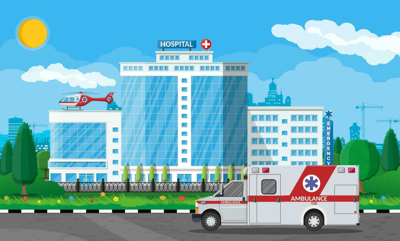 Hospital building, medical icon. Healthcare, hospital and medical diagnostics. Urgency and emergency services. Road, sky, tree. Car and helicopter. Vector illustration in flat style