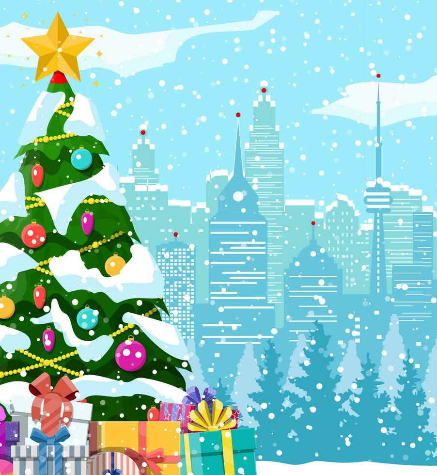 Christmas winter cityscape, snowflakes and trees. City park snow alley and buildings. Happy new year decoration. Merry christmas holiday. New year and xmas celebration. Vector illustration flat style