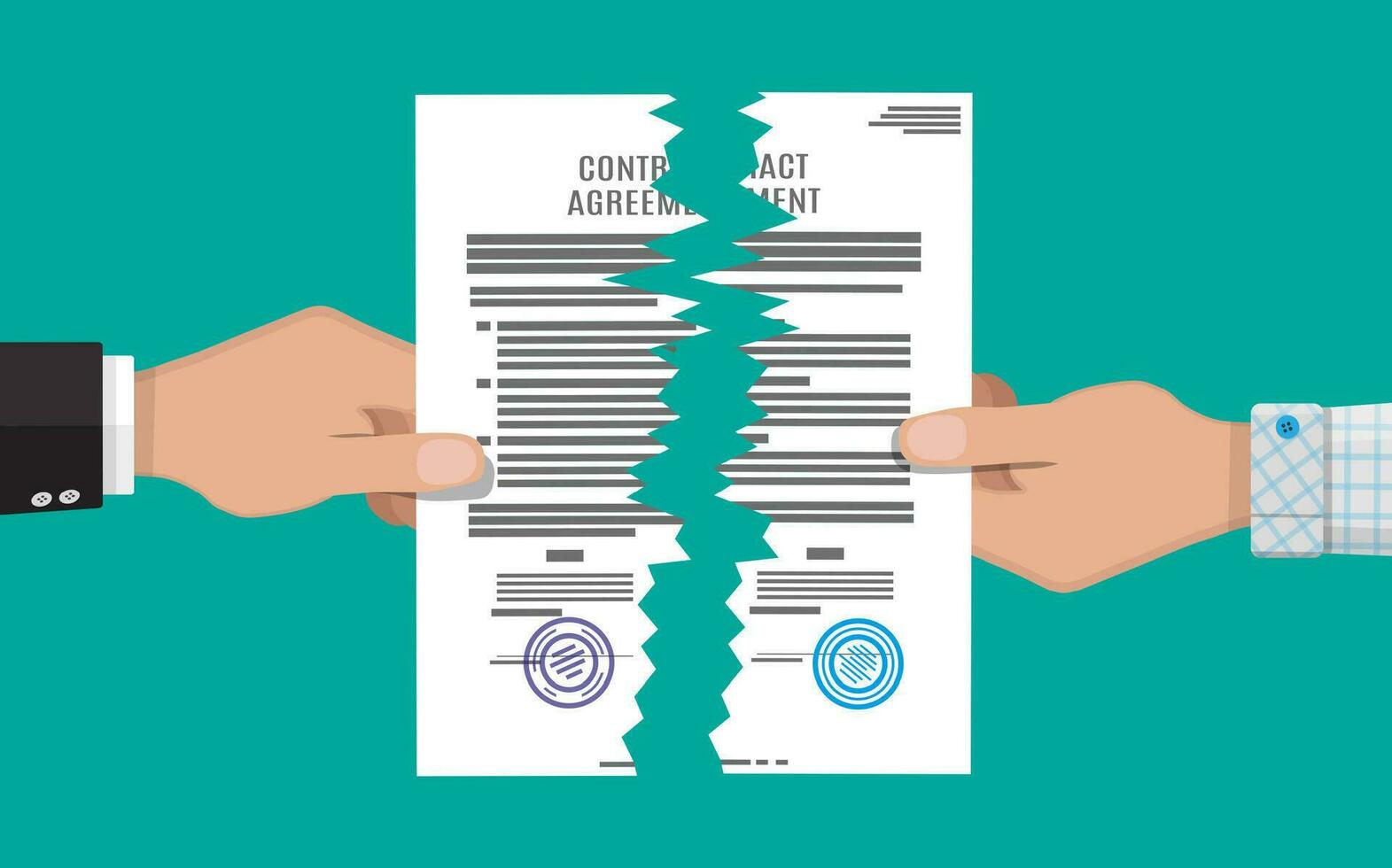 Two hands torn in half contract document. Contract termination concept. Vector illustration in flat design