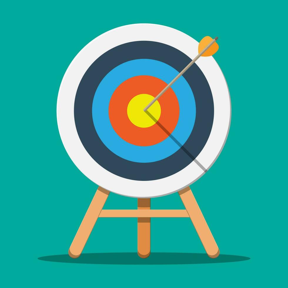 Target on wooden tripod with arrow in cente. Goal setting. Smart goal. Business target concept. Achievement and success. Vector illustration in flat style