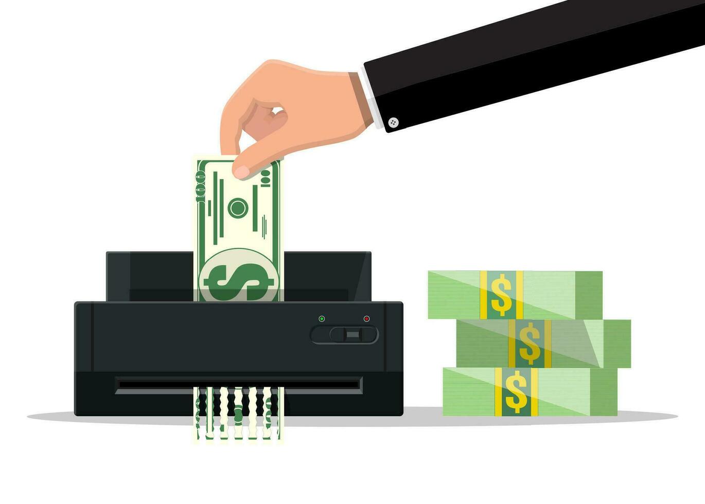 Hand putting dollar banknote in shredder machine. Destruction termination cutting money. Lose money or overspending. Vector illustration in flat style