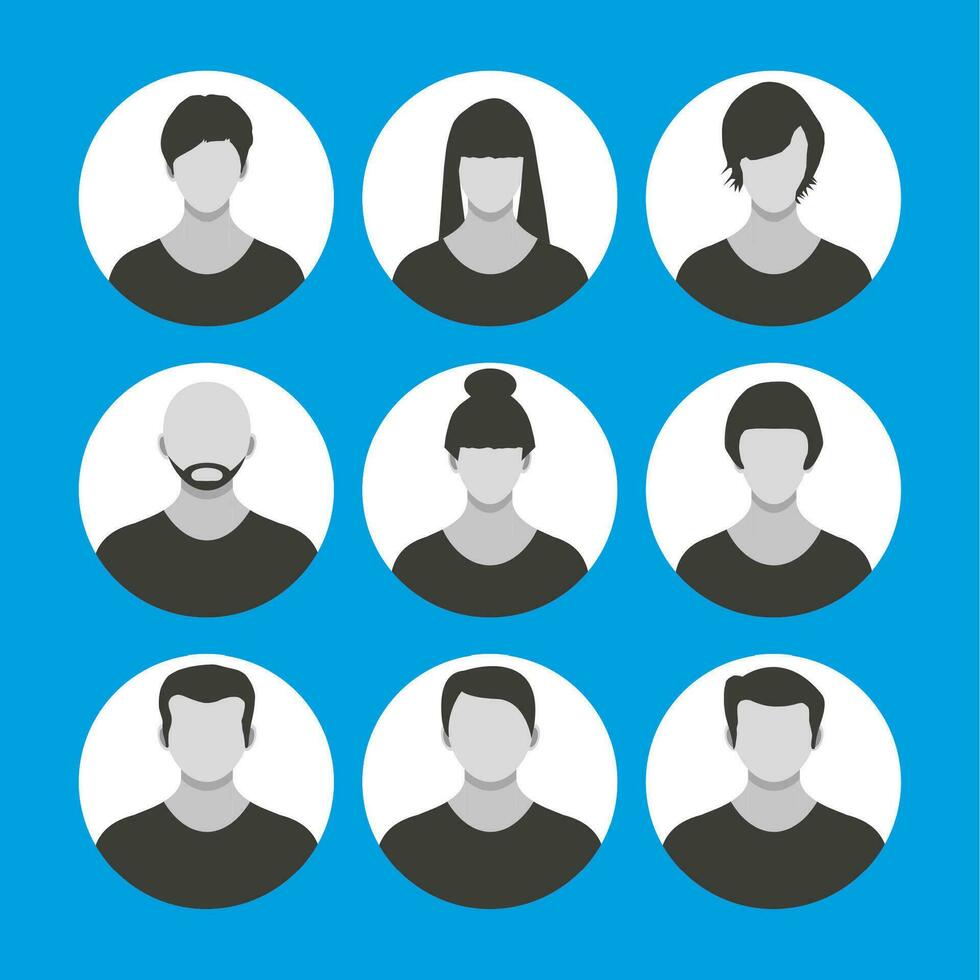personas rostro, avatar icono, dibujos animados personaje en negro y blanco. masculino y femenino. vector ilustración en plano estilo