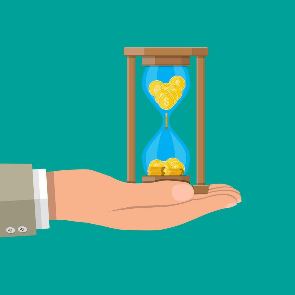 Old style hourglass clocks with dollar coins inside in hand. Time is money concept. Vector illustration. Fat style clocks
