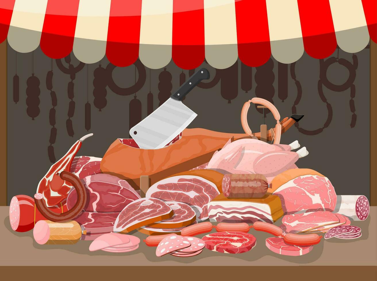 Meat street market. Meat store stall. Butcher shop or showcase counter. Sausage slices product. Delicatessen gastronomic product of beef pork chicken. Pepperoni salami. Vector illustration flat style