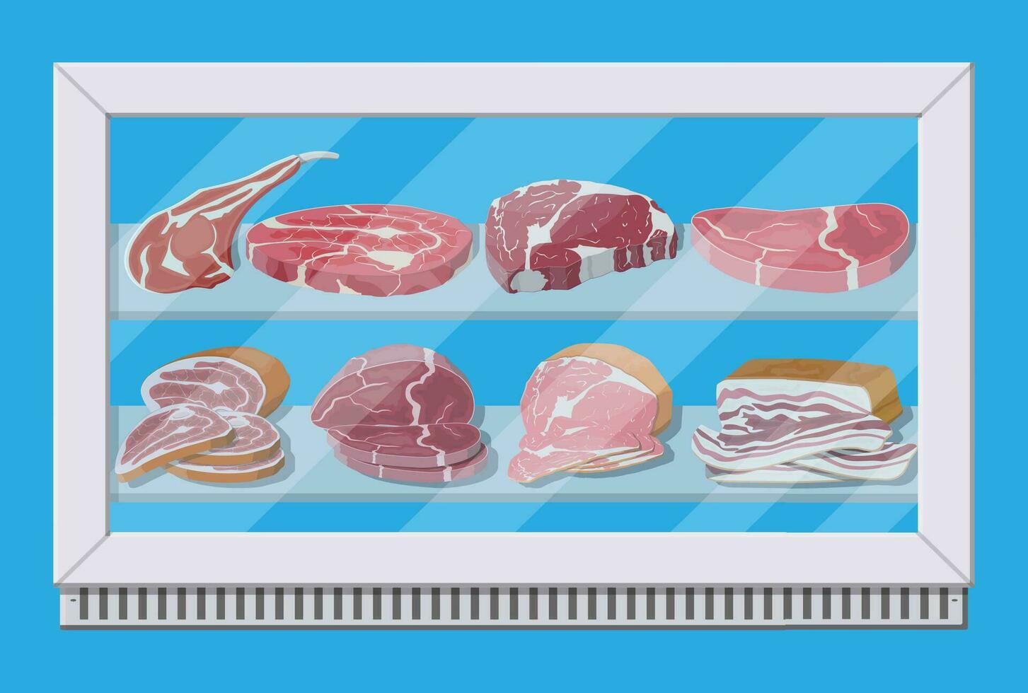 Meat products in supermarket fridge. Meat store butcher shop showcase counter. Sausage slices product. Delicatessen gastronomic product of beef pork chicken salami. Vector illustration flat style