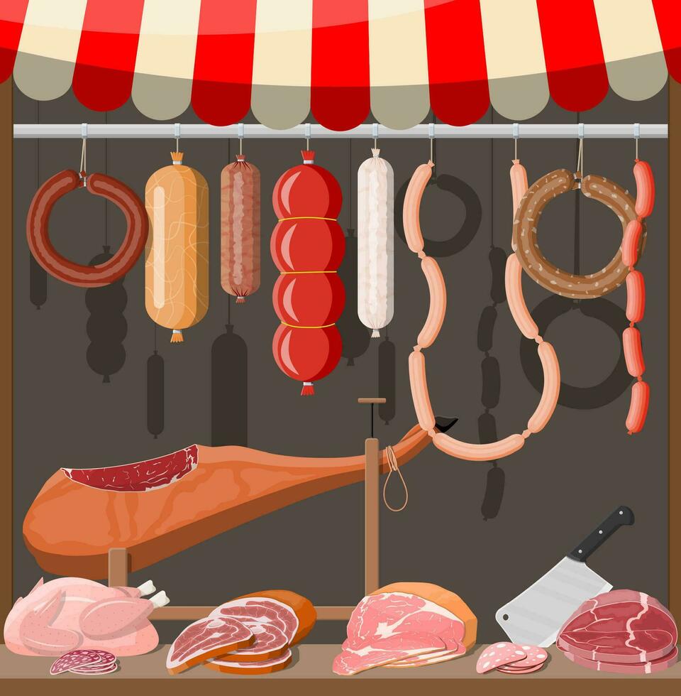 Meat street market. Meat store stall. Butcher shop or showcase counter. Sausage slices product. Delicatessen gastronomic product of beef pork chicken. Pepperoni salami. Vector illustration flat style