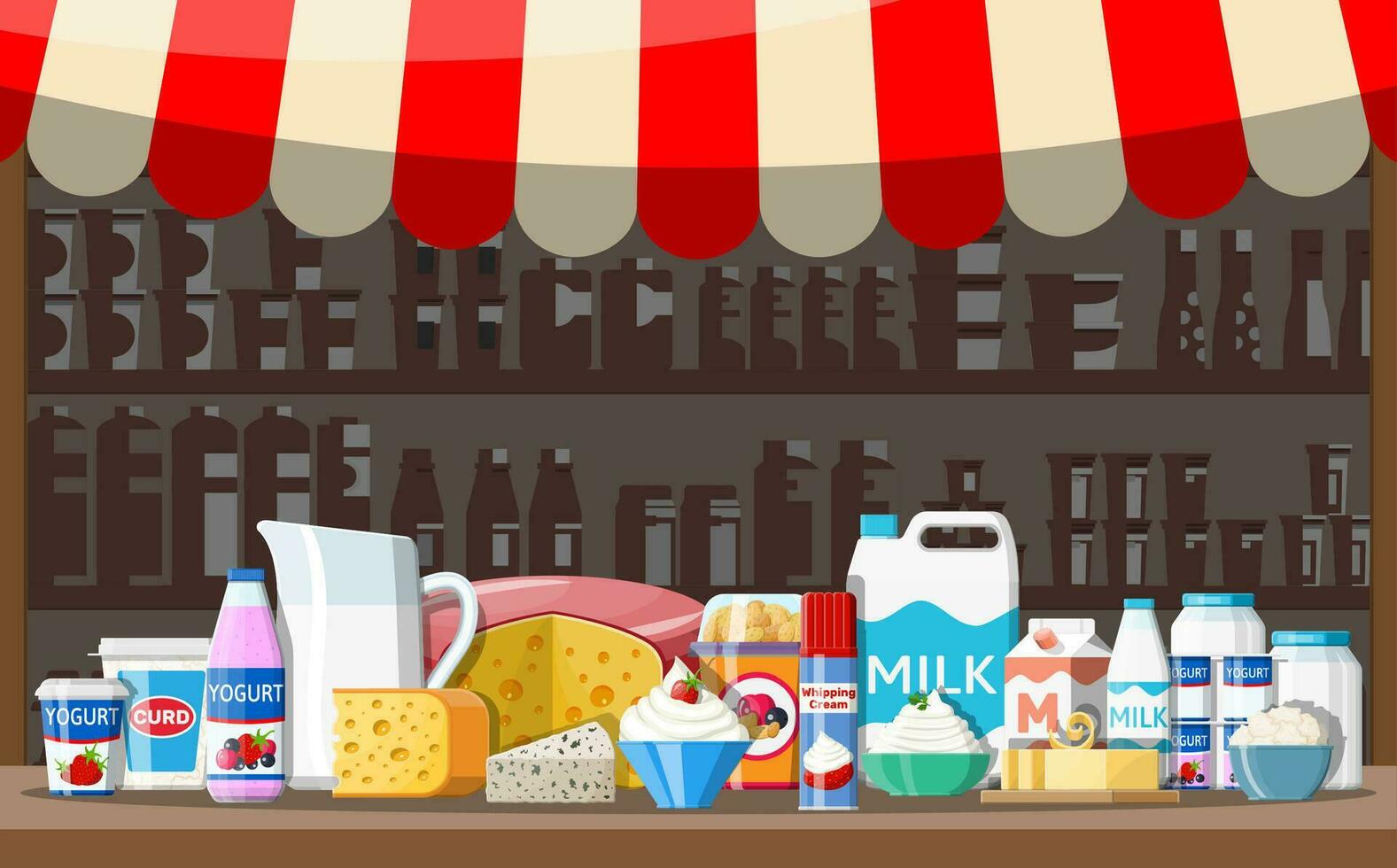 Milk street market store stall. Farmer shop or showcase counter. Dairy products set collection of food. Milk cheese yogurt butter sour cream cottage cream farm products. Vector illustration flat style