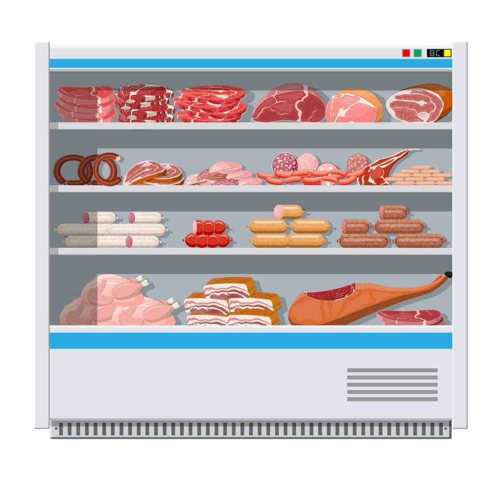 Meat products in supermarket fridge. Meat store butcher shop showcase counter. Sausage slices product. Delicatessen gastronomic product of beef pork chicken salami. Vector illustration flat style