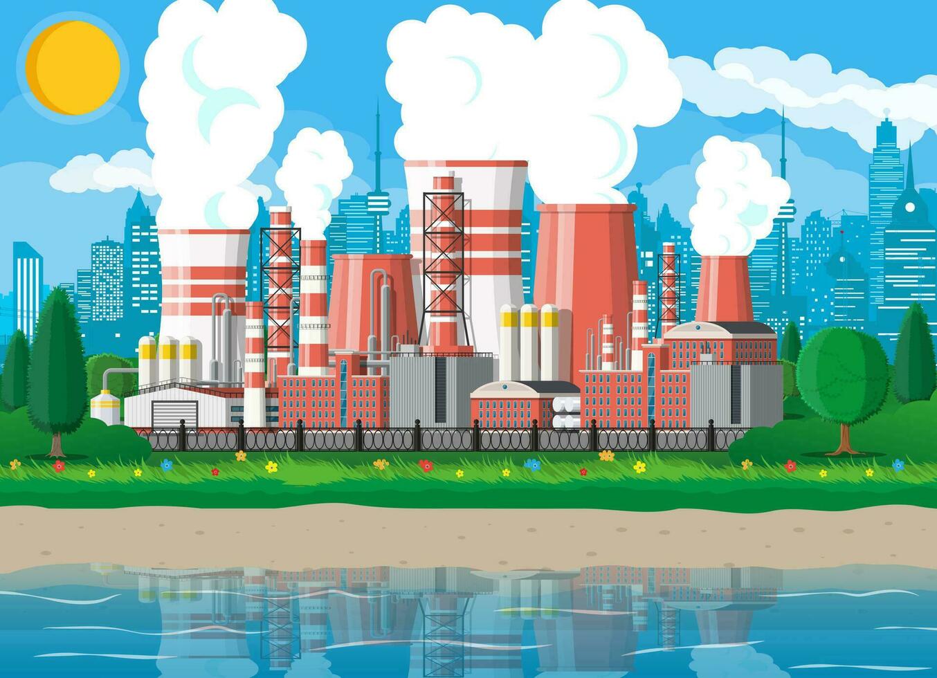 Factory building. Industrial factory, power plant. Pipes, buildings, warehouse, storage tank. Cityscape urban skyline, water reservoir, clouds trees and sun. Vector illustration in flat style