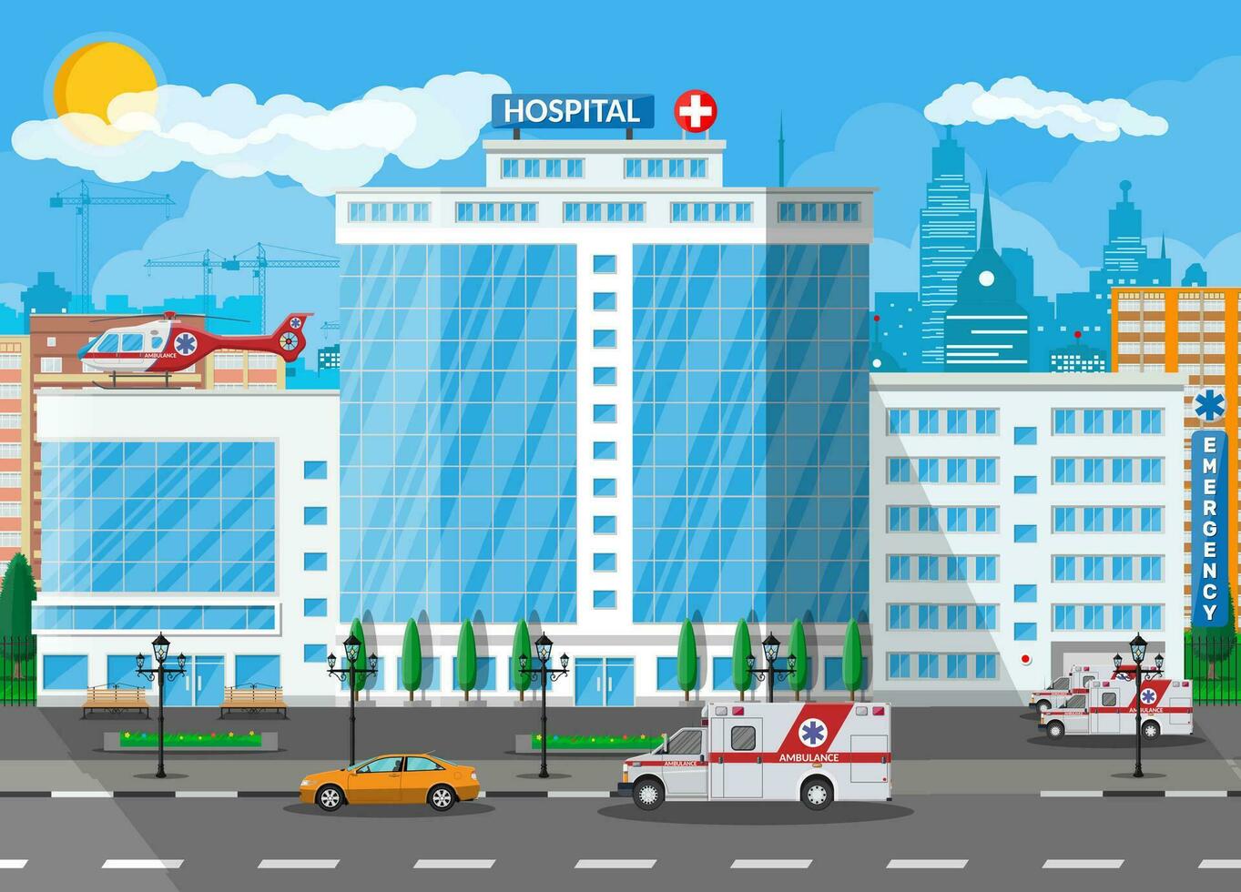 Hospital building, medical icon. Healthcare, hospital and medical diagnostics. Urgency and emergency services. Road, sky, tree. Car and helicopter. Vector illustration in flat style