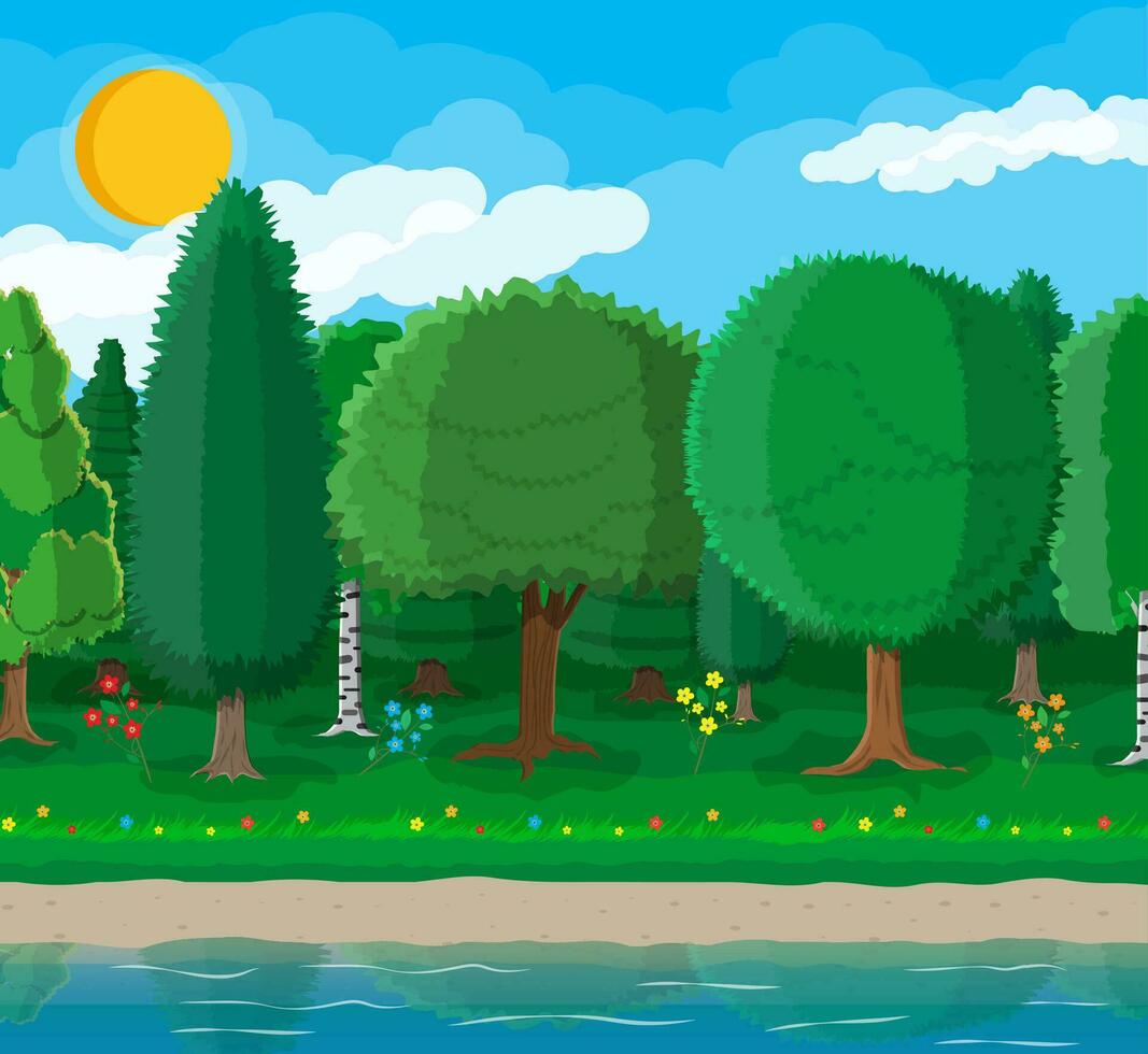 ciudad parque concepto, agua reservorio y arboles flores, estanque o río. profundo bosque. cielo con nubes y Dom. ocio hora en verano ciudad parque. vector ilustración en plano estilo