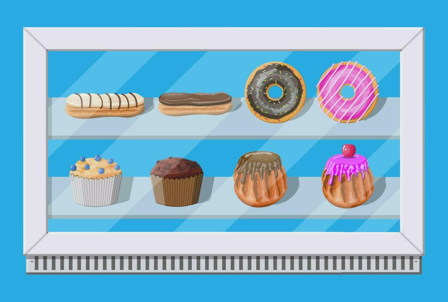 Bakery shop vitrine freezer with cakes and pastry. Donut, muffin, cupcake and eclair. Vector illustration in flat style