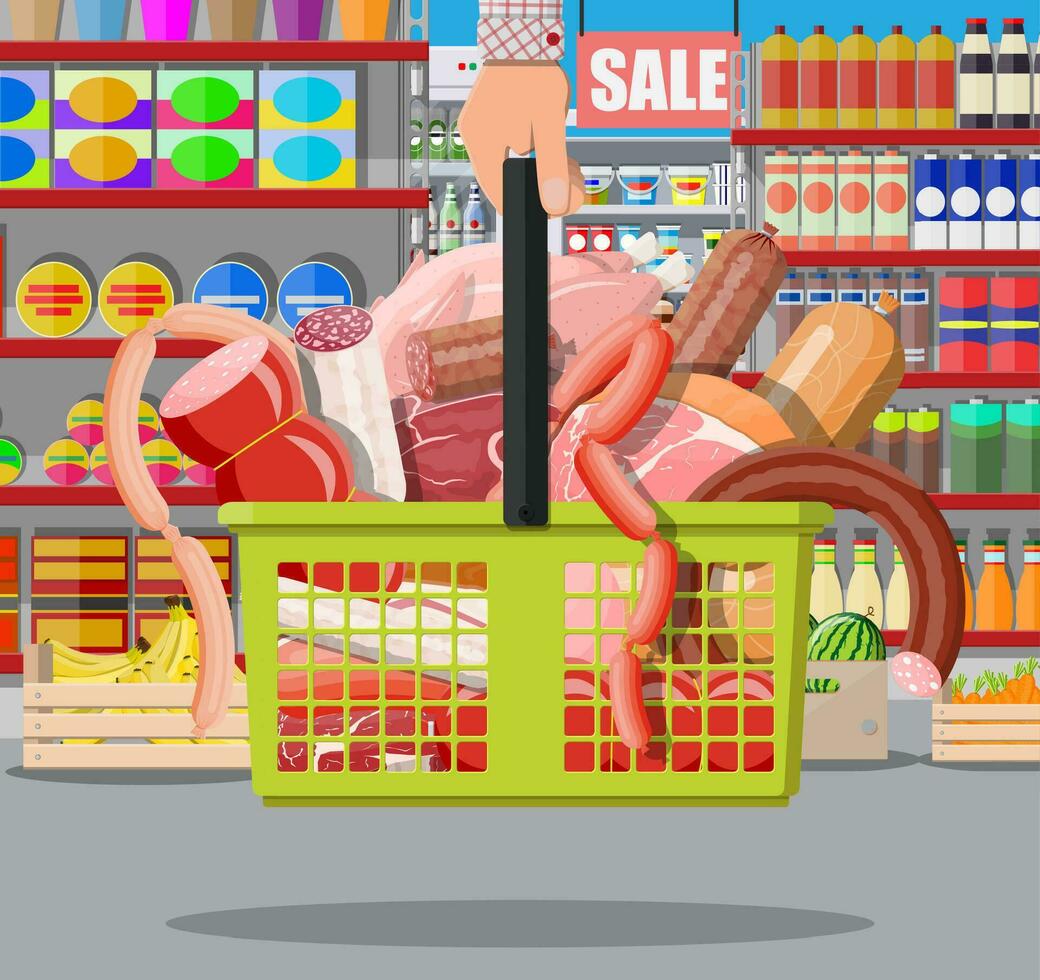 Meat products in supermarket basket. Meat store butcher shop showcase counter. Sausage slices product. Delicatessen gastronomic product of beef pork chicken salami. Vector illustration flat style