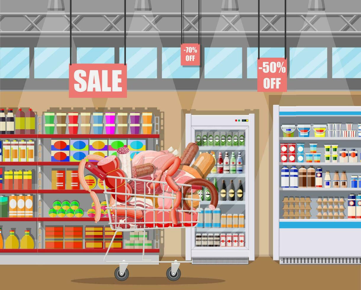 Meat products in supermarket cart. Meat store butcher shop showcase counter. Sausage slices product. Delicatessen gastronomic product of beef pork chicken salami. Vector illustration flat style