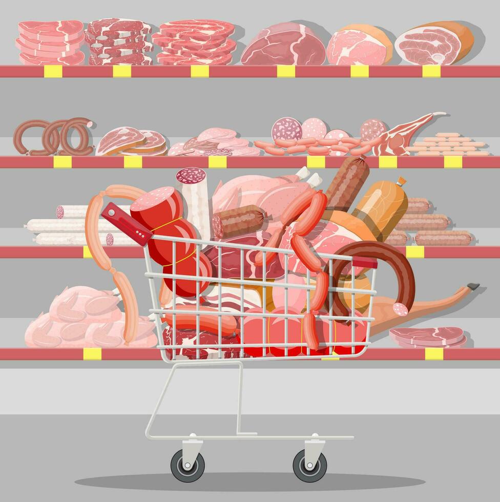 Meat products in supermarket cart. Meat store butcher shop showcase counter. Sausage slices product. Delicatessen gastronomic product of beef pork chicken salami. Vector illustration flat style