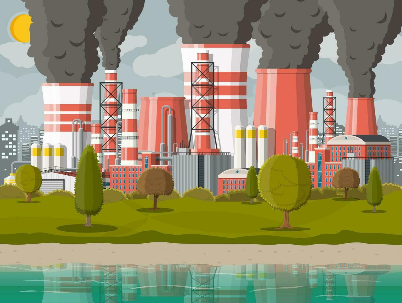 Plant smoking pipes. Smog in city. Trash emission from factory. Grey sky polluted trees grass. Cityscape skyline water reservoir urban. Environmental pollution ecology nature. Flat vector illustration