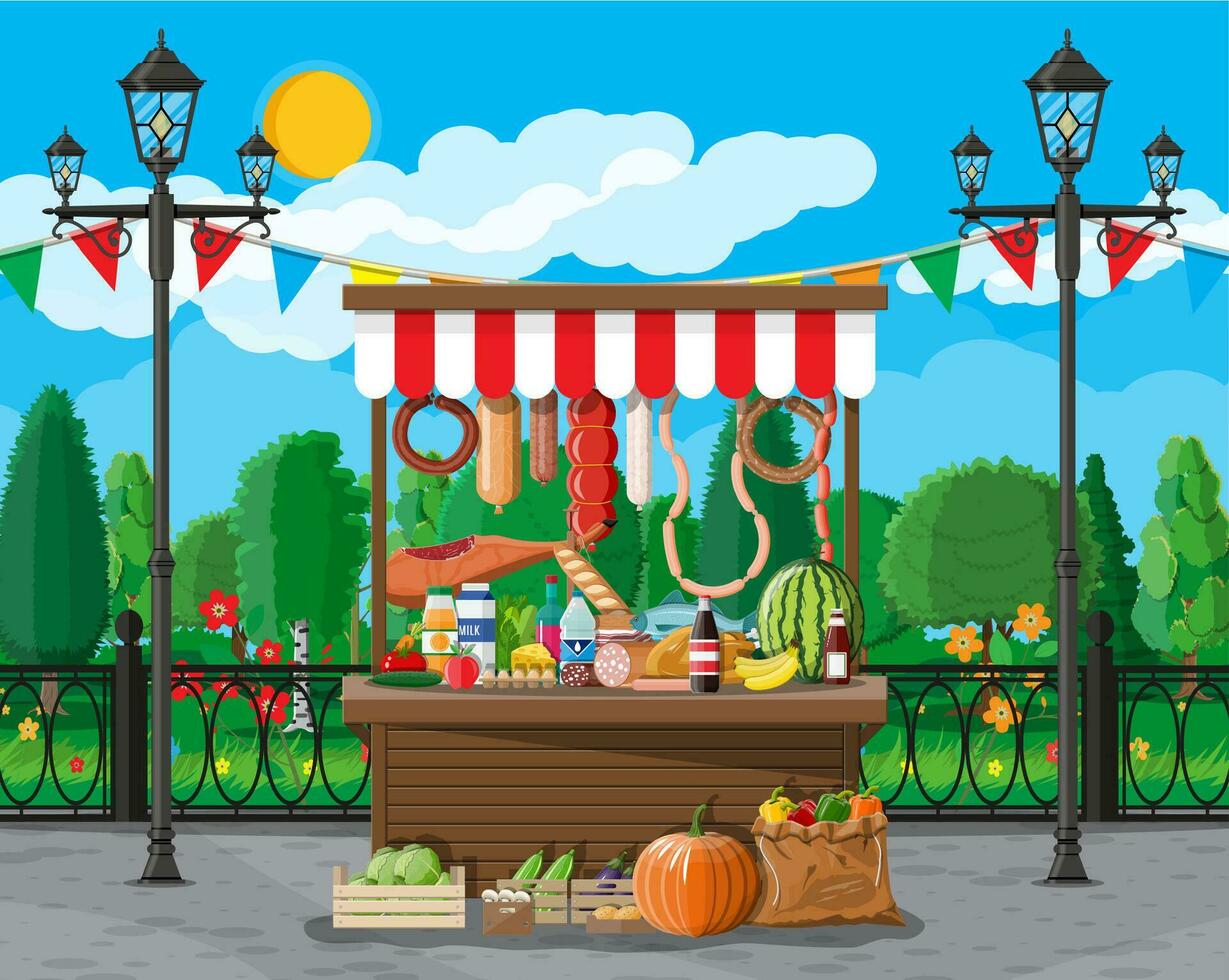 Traditional market wooden food stall full of food with flags, crates. City park, street lamp and trees. Sky with clouds and sun. Leisure time in summer city park. Vector illustration flat style