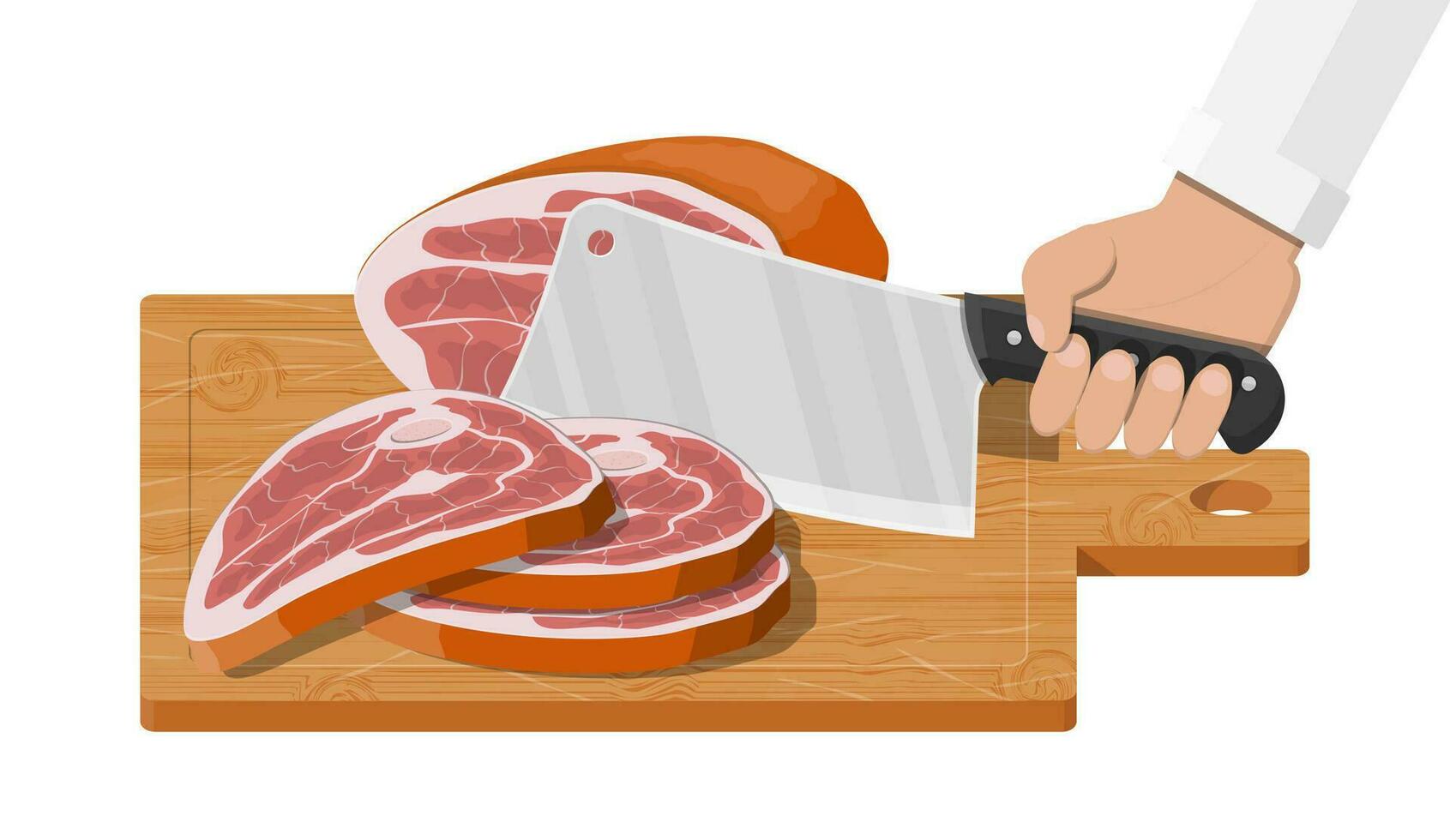 Meat steak chopped on wooden board with kitchen knife. Cutting board, butcher cleaver and piace of meat. Utensils, household cutlery. Cooking, domestic kitchenware. Vector illustration in flat style