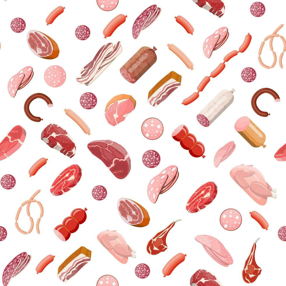 Meat set seamless pattern. Chop, sausages, bacon, ham. Marbled meat and beef. Butcher shop, steakhouse, farm organic products. Grocery food products. Pork fresh steak. Vector illustration flat style