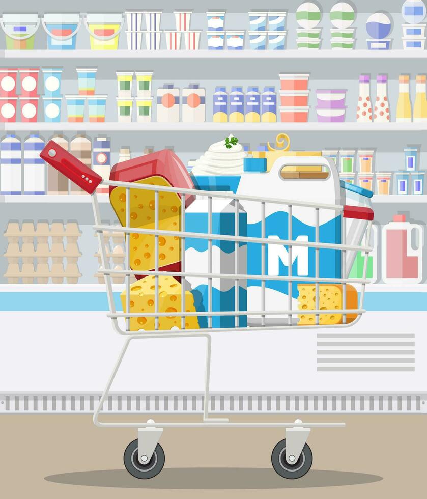 Milk counter in supermarket. Farmer shop or grocery store. Dairy products set collection of food. Milk cheese yogurt butter sour cream cottage cream farm products. Vector illustration flat style